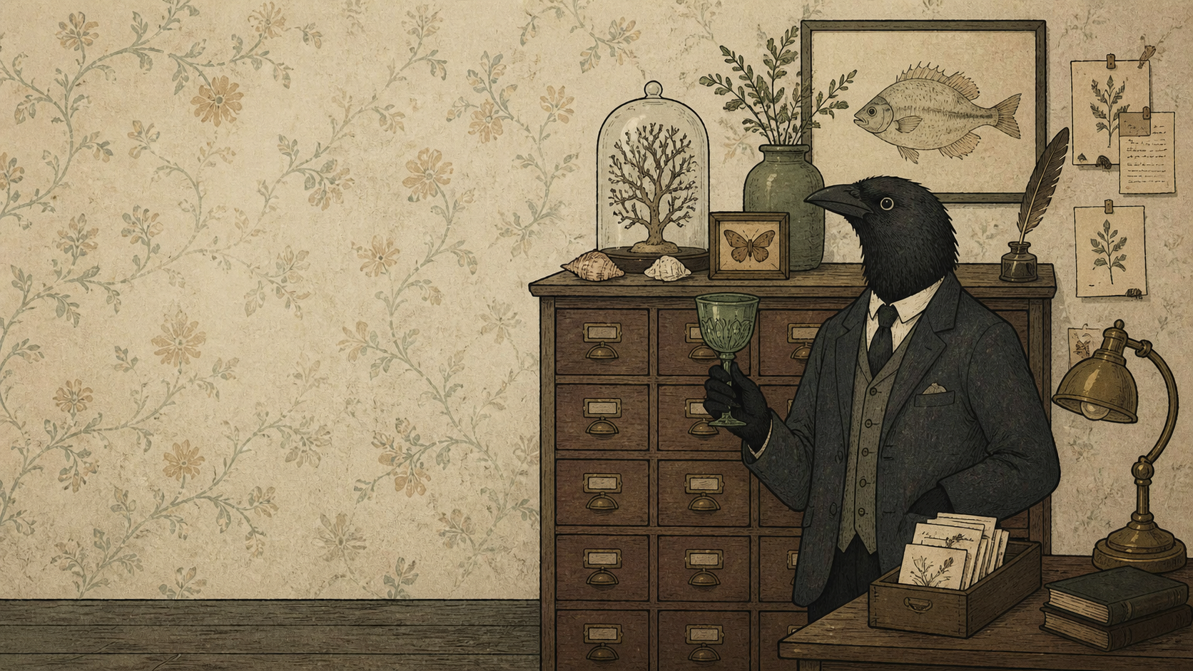 拟人乌鸦档案员站在旧木档案柜旁的原创手绘插图